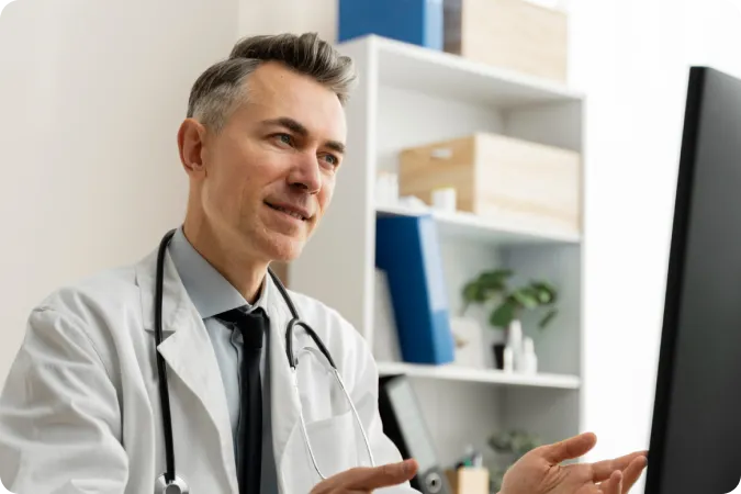 Doctor consulting with a patient via video conferencing
