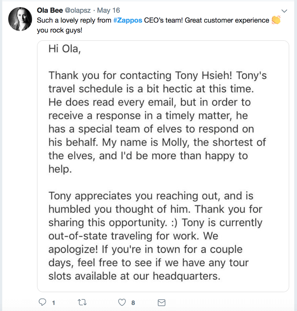 Zappos CEO responds on twitter customer service