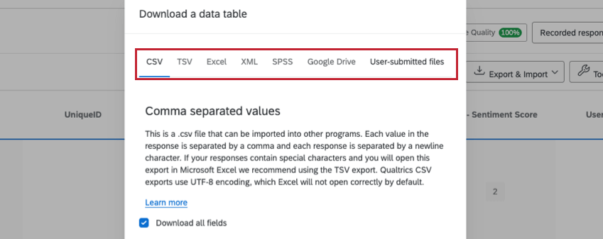 Along top of the download data table window is a list of file formats