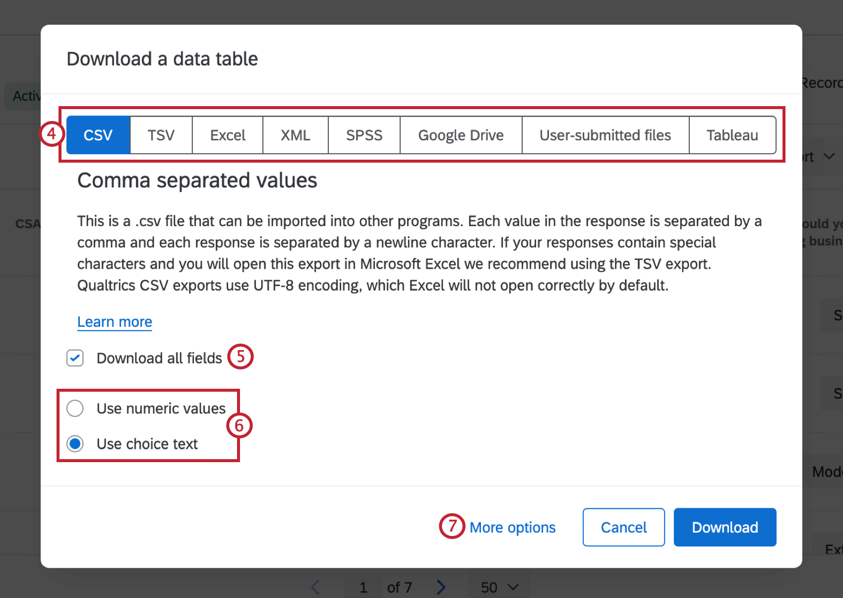 Download Data Table menu with format options and the Download button