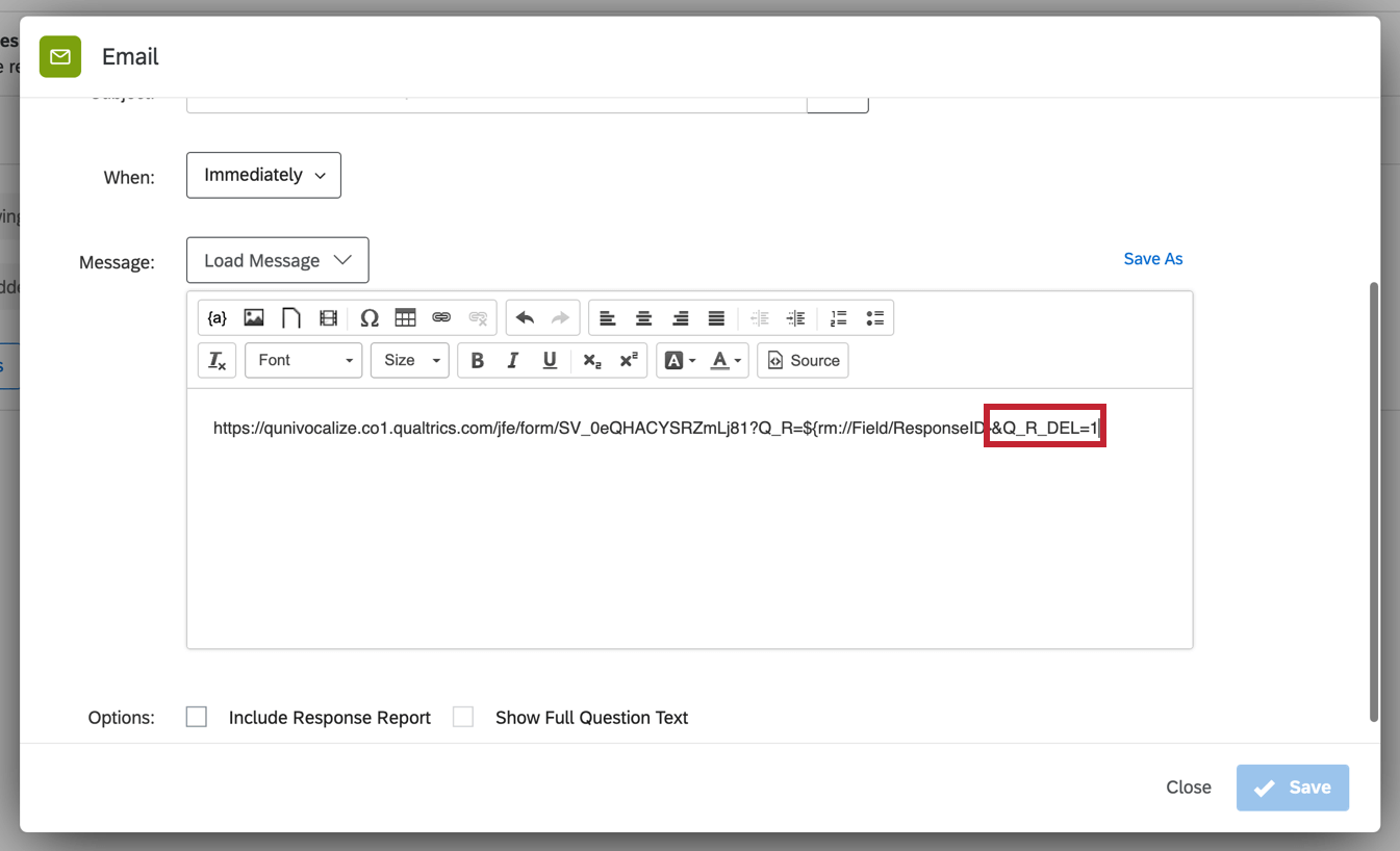 a retake link in the email editor. the string "&Q_R_DEL=1" is added at the end of the url so that the retake overwrites the original response