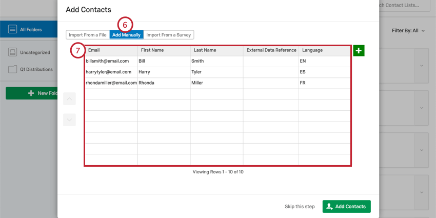 Add Contacts window with a spreadsheet of contact information