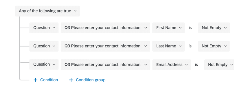 image of action conditions set to allow the action to fire if the respondent answered specific questions in the survey