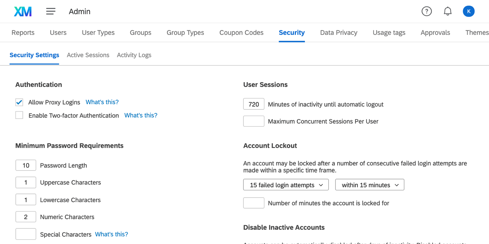 Security tab on the upper-right Admin page