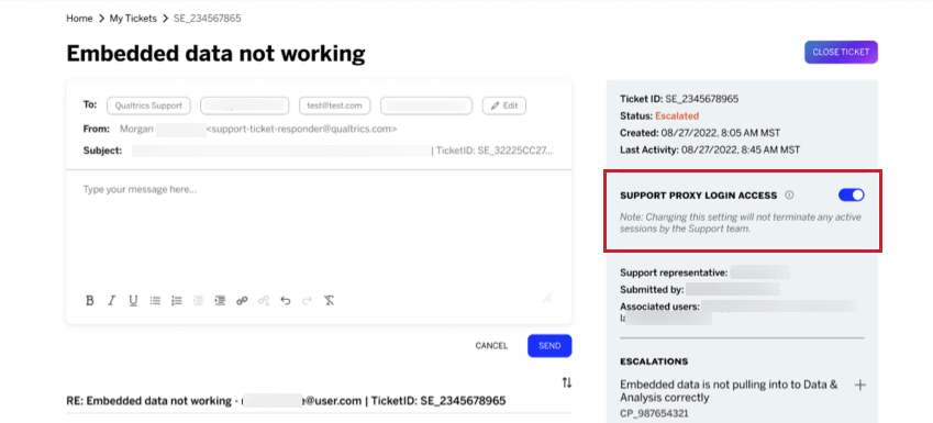 inside a ticket, on the sidebar under the ticket ID and basic info, there's a toggle for adjusting support proxy login access