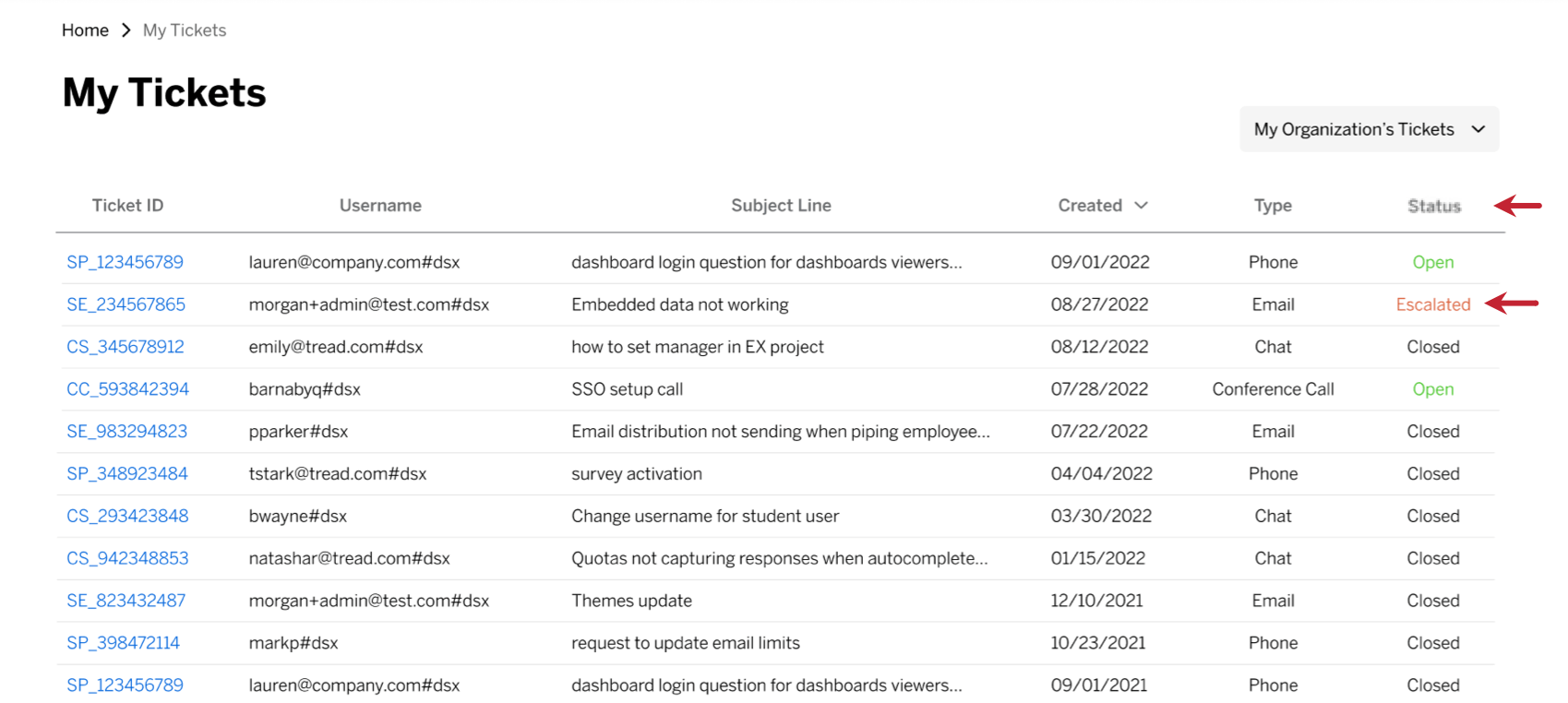 Image of the My Tickets page with its list of tickets. Shows a ticket marked Escalated, as well as the Status column where you can sort