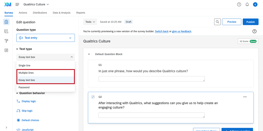 multiple lines vs essay text box qualtrics