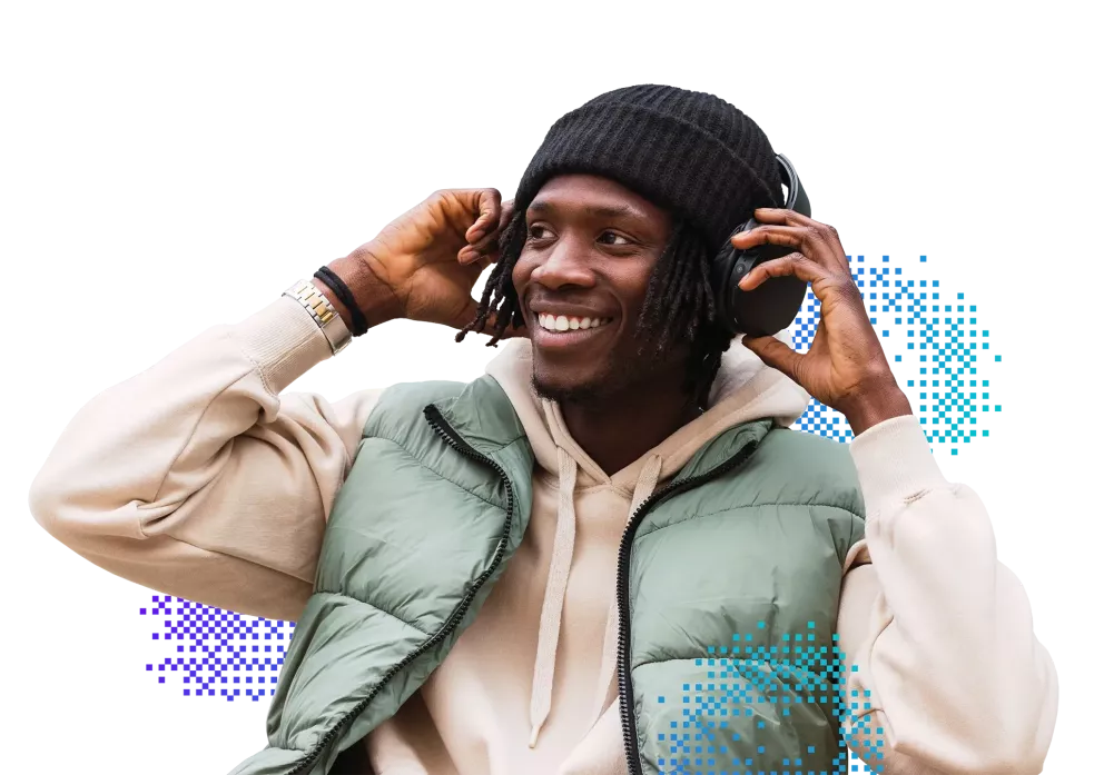 A graphic showing a man with headphones, this image is used in the 2025 Customer Experience Trends.