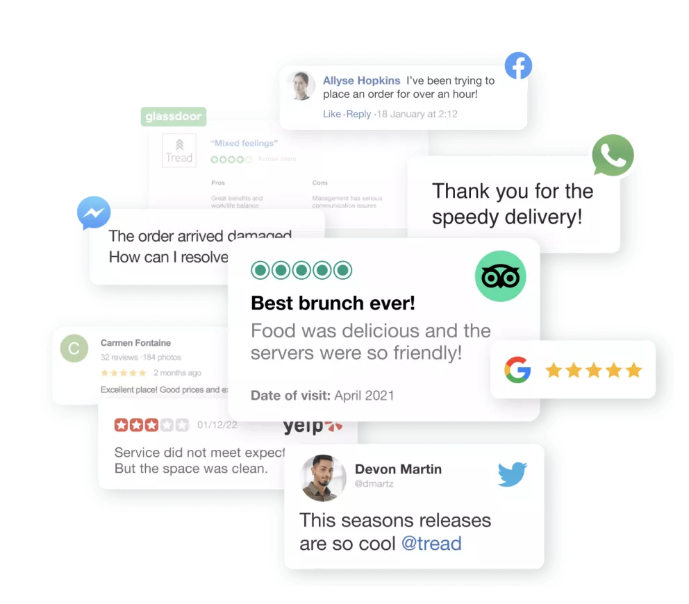 Assortment of customer reviews and feedback from multiple channels