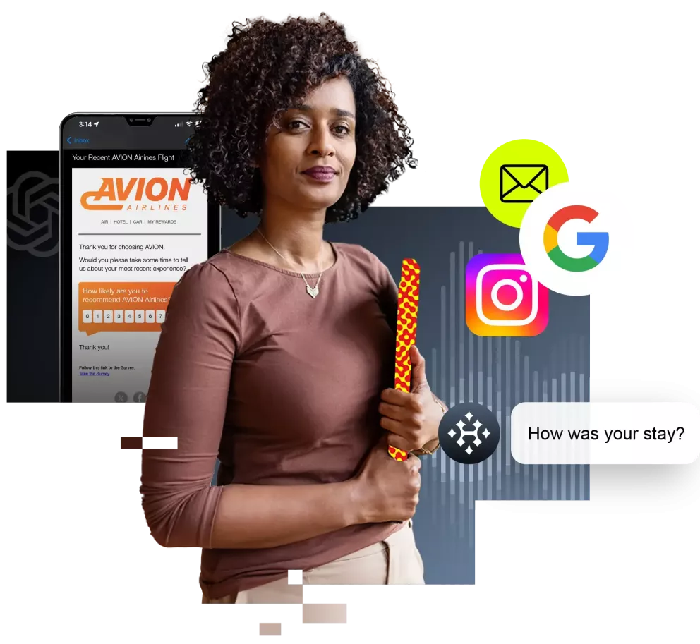 A women surrounded by social logos, an agentic AI assistance, and a brand landing page.